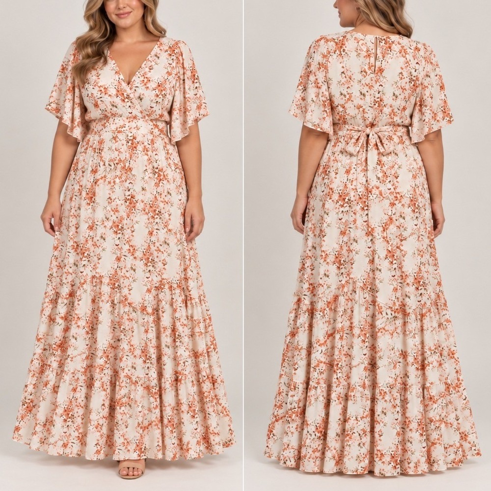 Baltic Born Katherine Maxi Dress 3XL Cream Rust Floral Tiered Boho Cottagecore